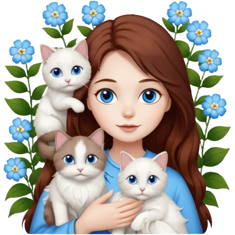 A woman with long dark auburn hair holding three white ragdoll cats in the flowers emoji
