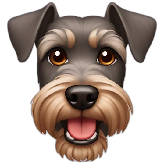 Brown schnauzer with a red nose and hazel eyes showing teeth emoji