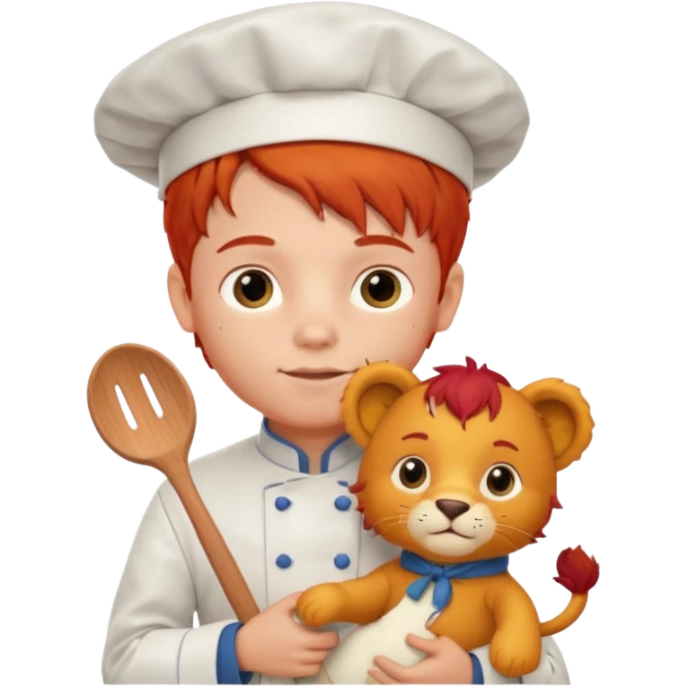 boy kid italian chef, red haired, uniform, holding plush lion emoji
