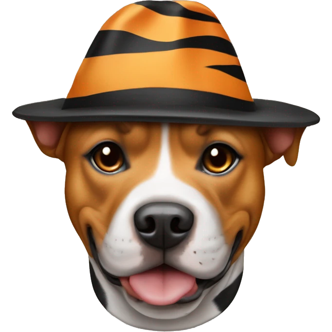 Staffordshire bull terrier mix dog wearing a tiger hat emoji