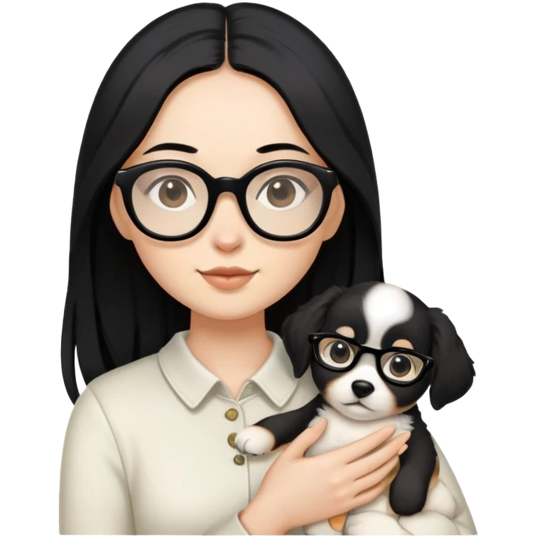 long black hair women around 20-30 with black glasses holding a white body light brown ear puppy emoji
