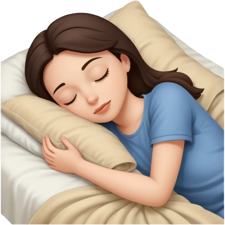 Brunette girl sleeping on white bed and beige blanket  emoji