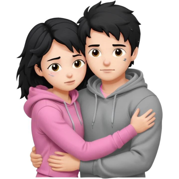 generate a pretty bratz fair skinned boy with messy black hair in a grey hoodie. Hugging his girlfriend who is wearing pink. Make him muscled. Boy in grey hoodie, girl in pink emoji