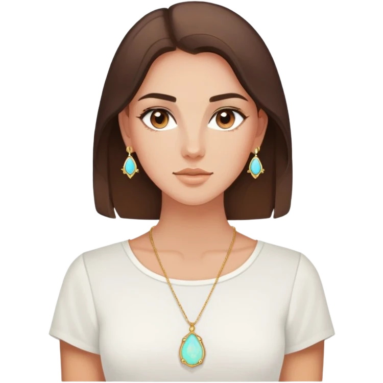 Brunette brown eye little tan white Kendra Scott opal necklace and white shirt emoji