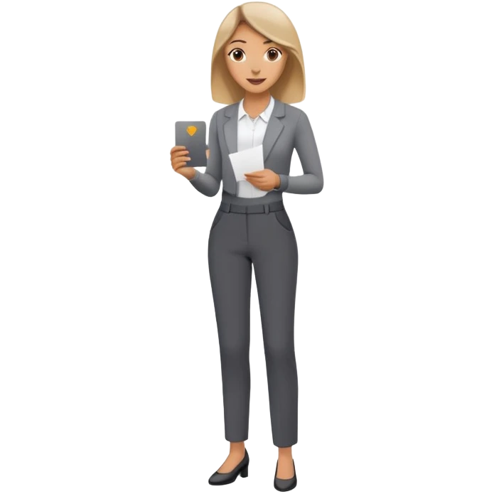 Woman in dark grey trousers holding a card in one hand emoji