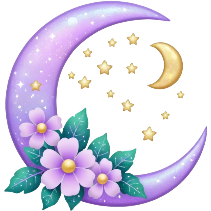 Beautiful poetic ethereal romantic magical aesthetic sparkly glittery shiny pretty floating pastel lilac lavender Violet moon and flowers and leaves aesthetic deco emoji