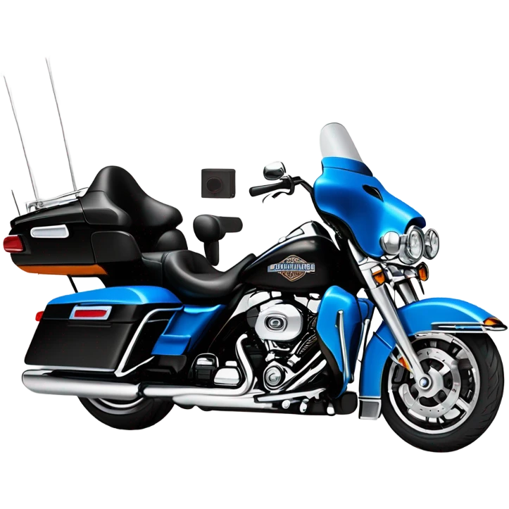 harley davidson electra glide ultra classic with big blue pearl and vivid black two color paint scheme with recurve windshield, a radio antenna and a citizen's band radio antenna and an older gu sitting on the seat. emoji