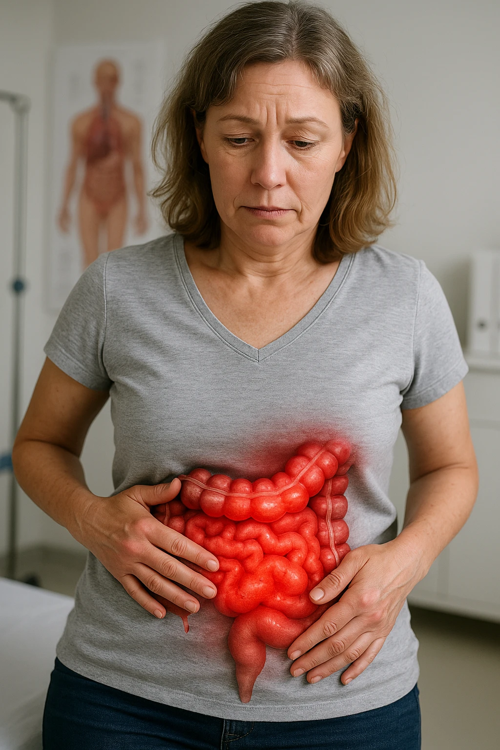Donna in menopausa con intestino infiammato evidente immagine realistica emoji