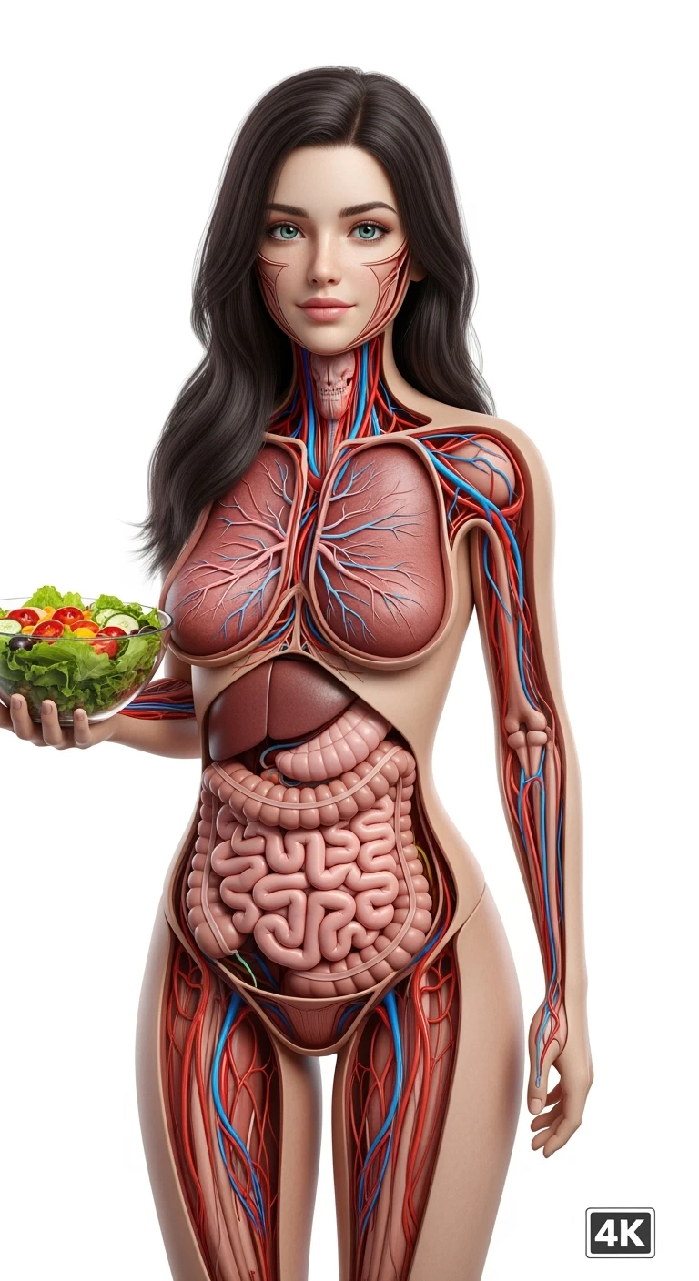 DONNA CON INTESTINO ANATOMICO IN EVIDENZA E BOWL DI INSALATA IN MANO, iperrealistico 4k, ISOLATA SU SFONDO BIANCO emoji