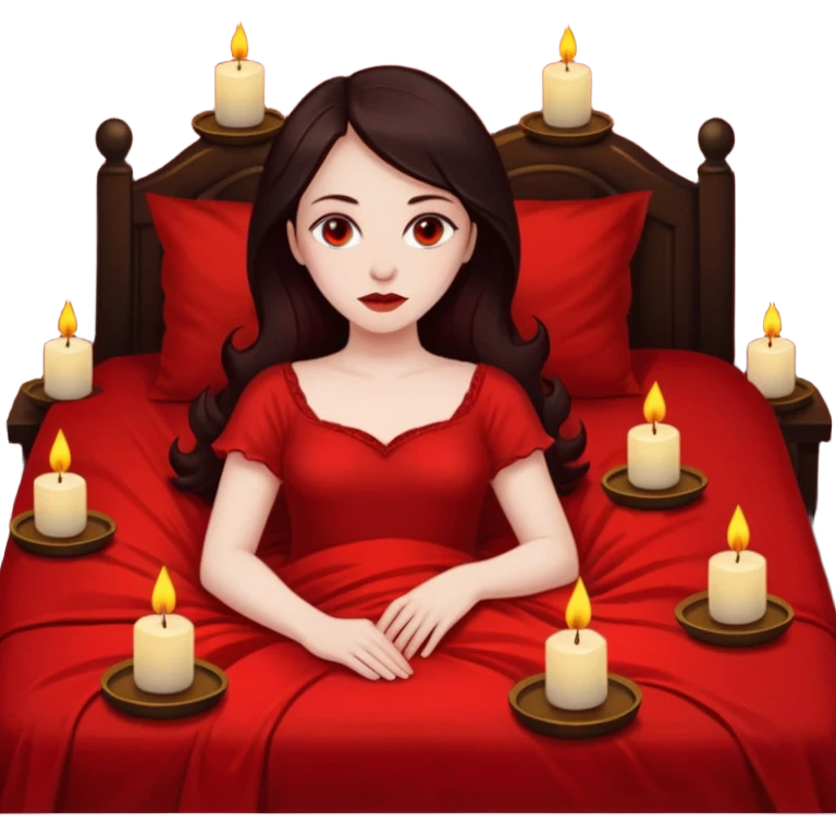Low bed, red sheets, candles everywhere, woman reclining in shadowed control emoji