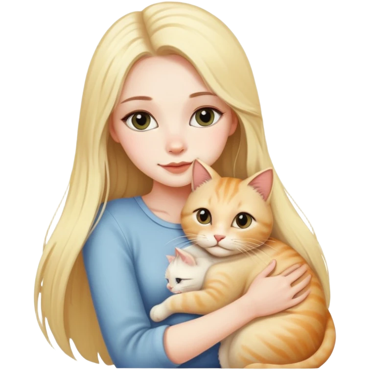 pretty woman with pale skin, very long blonde hair hugging a cat emoji