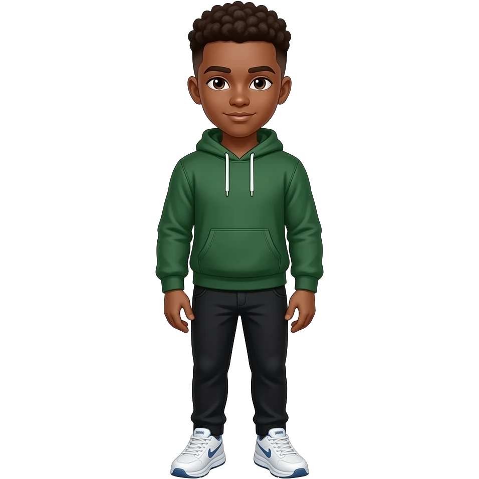 make a super hot brown skin colored 6th grader with fluffy brown low taper fade who has good muscles wearing a dark green sweatshirt with black pants and white hoka shoes emoji