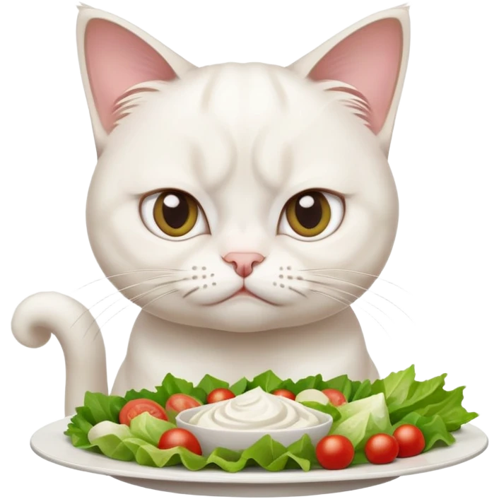 grumpy white cat sitting at a table, looking confused with its ears slightly back. In front of the cat is a plate with a salad emoji