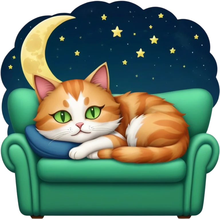 tricolor fluffy cat with big green eyes sleeping on a sofa with a moon above her emoji