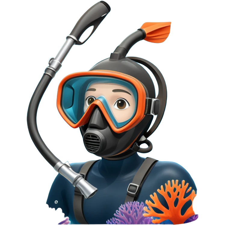An icon featuring a close-up of a freediving mask and snorkel, with a breath-holding diver's fins, set against a vibrant underwater world. The design includes coral reefs, fish, and bubbles, symbolizing the serene beauty and thrill of freediving. Transparent background highlights the calm emoji