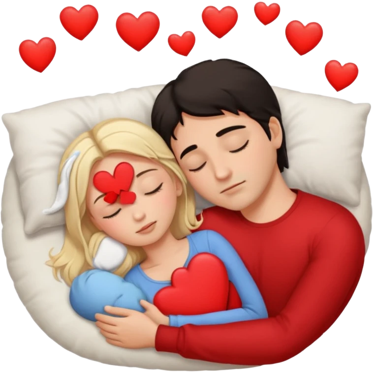 Sleeping couple. two people. man has dark hair. woman is blonde. hearts surrounding them. emoji