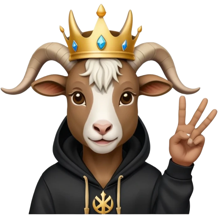 Goat with horns wearing black hoodie and a royal crown peace sign emoji