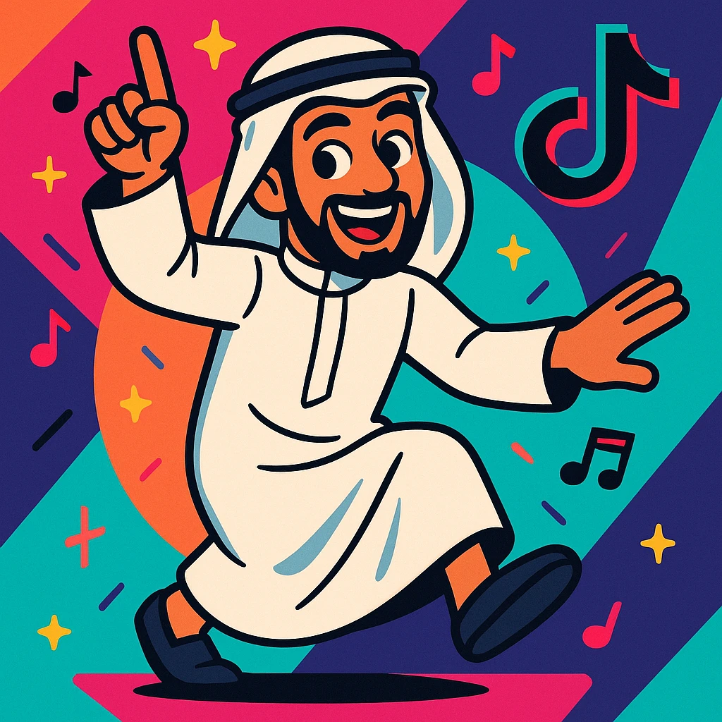 Middle Eastern man, traditional Arab clothing, TikTok style, energetic, youthful, colorful background emoji