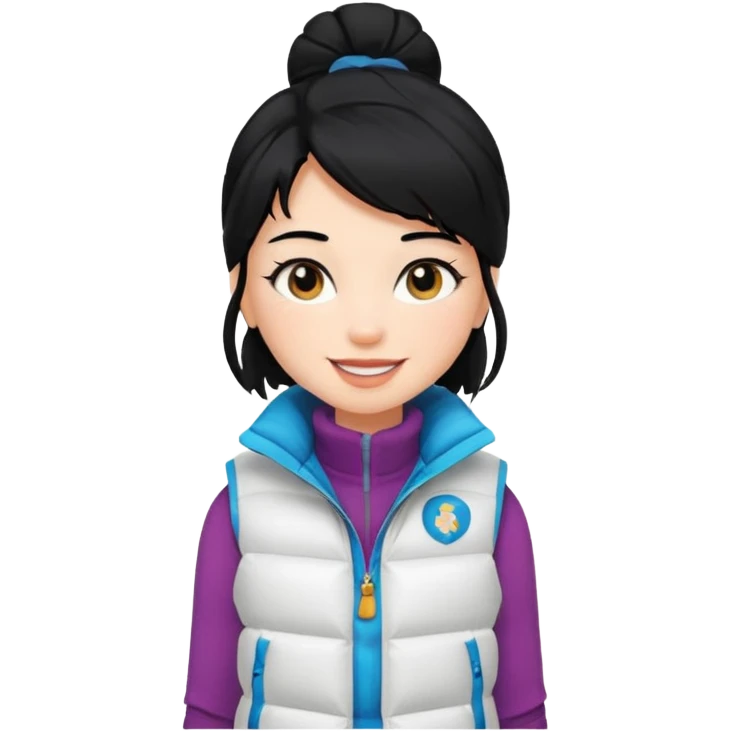 girl with black hair in a white puffer vest with sass emoji