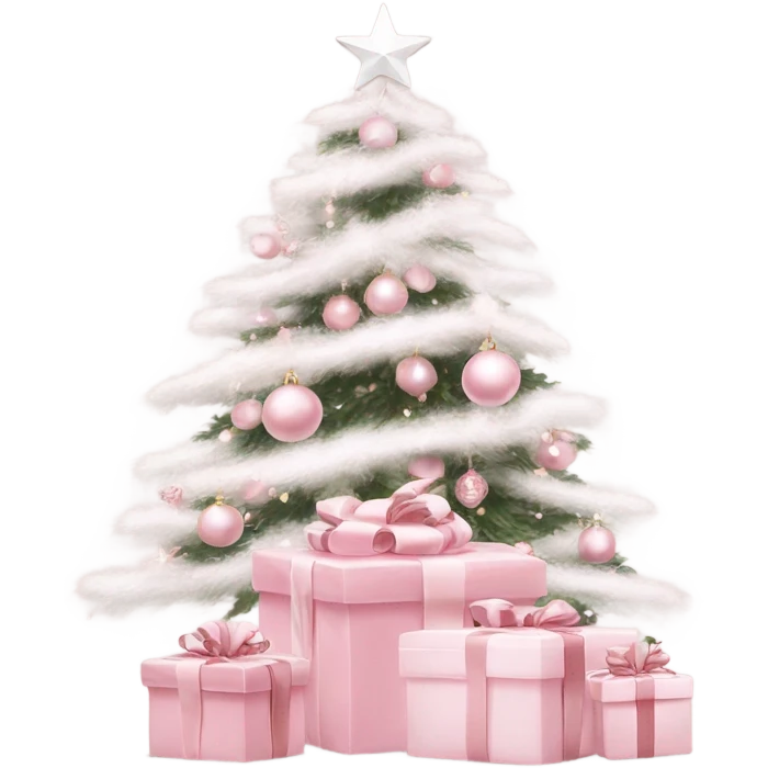 Light pink Christmas gifts under a white Christmas tree  emoji