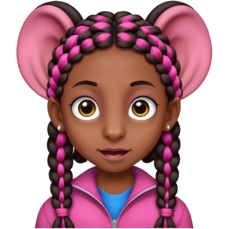 arikan, dark long hair whit pink and black braids. brown skin, smal face and a super big nose and super big ears. big eyes. big mouth emoji