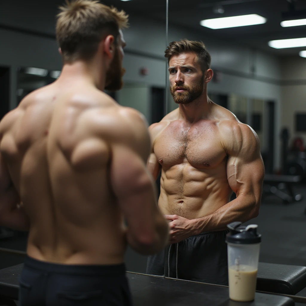 realistic male bodybuilder in definition phase, shirtless in front of mirror, looking at reflection with concern, less full muscles, visible but less pronounced veins, gym with soft lighting, protein shaker on bench, doubtful expression emoji