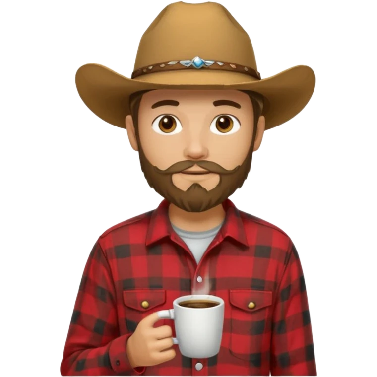 generate an ios genmoji of a 20 year old tan boy with a cowboy hat and french beard. Wearing a flannel and carrying a coffee mug emoji