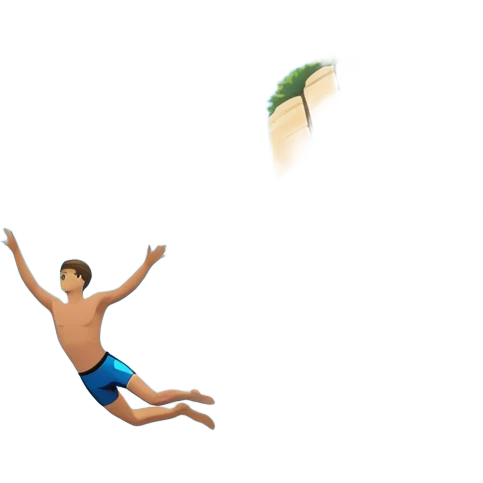 A diver mid-air, diving from a rocky cliff into the sparkling blue ocean below. The background shows a dramatic cliffside and clear sky, capturing the daring and exhilarating nature of cliff diving, with the water below ready to embrace the plunge. emoji