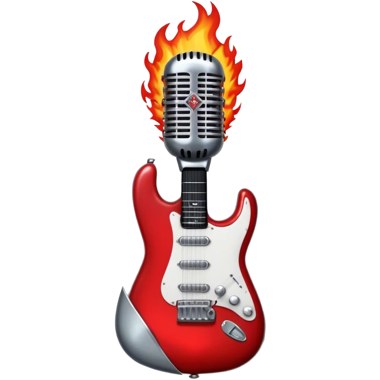 Create a bold and powerful emoji representing rock vocal performance in a humanless collage. The design should feature a vintage microphone at the center, surrounded by a heavy, aggressive hardcore electric guitar with sharp, jagged edges. Include crossed drumsticks behind the guitar, symbolizing the intense rhythm of rock music. Add fiery elements like flames or lightning bolts to enhance the raw energy of the design. Use dark, bold colors like black, red, and silver, with metallic or chrome accents to reflect the rebellious, hard-hitting nature of rock. The background should be transparent. emoji
