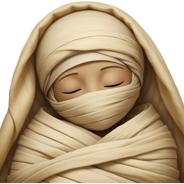 A snug, cozily wrapped mummy, fully encased in soft, slightly loose bandages, even its face gently hidden behind folds with only a tiny glimpse of sleepy eyes, nestled in warm, faded tones with gentle golden accents, simplified yet irresistibly charming, highly detailed with a soft glowing outline capturing the peaceful aura of an ancient being drifting into rest! emoji