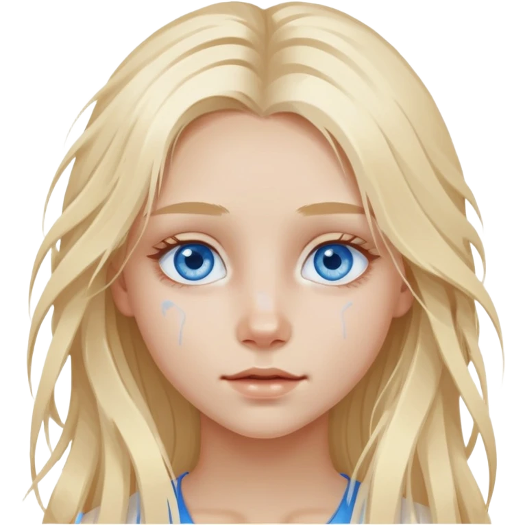 Girl with blue eyes and "white" paint on her face with long blond messy air,  emoji