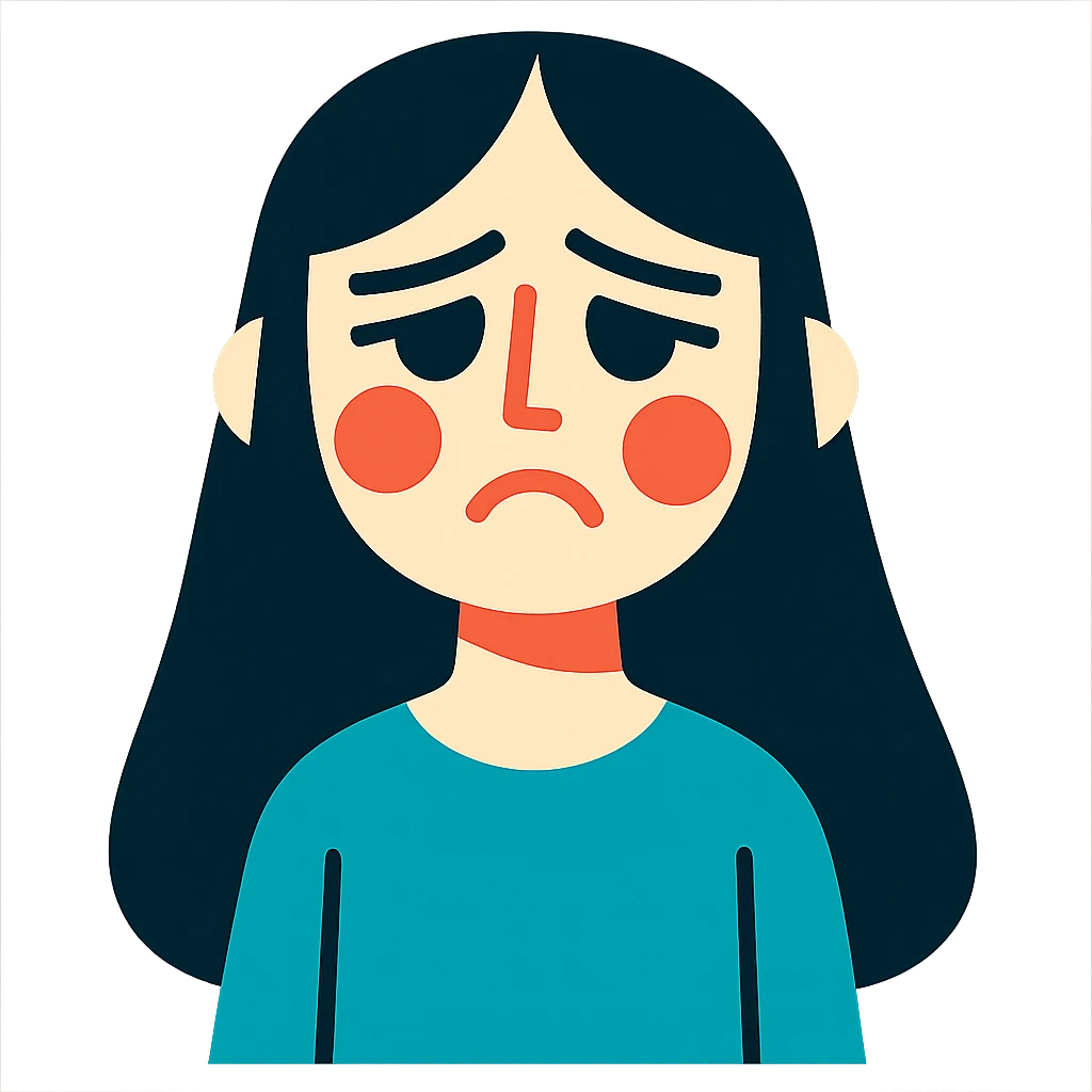 pale girl with long black hair, sad expression, vibrant toon style emoji