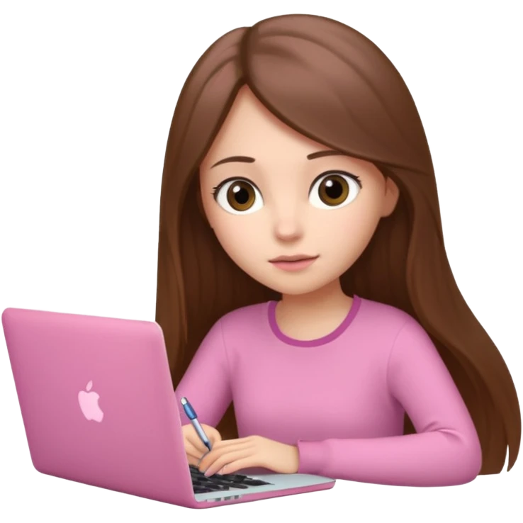 Chica lacia peli larga y peli larga  en una MacBook rosa investigando y haciendo tareas con un libro de apuntes y con cara muy linda como modelo emoji