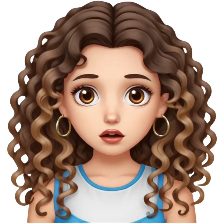 cute girl with not volominous VERY LONG curly/wavy brunette hair with balayage, brown eyes, full lips, cute makeup and hoop earrings white girl. wearing a cute top. SHOCKED FACE emoji