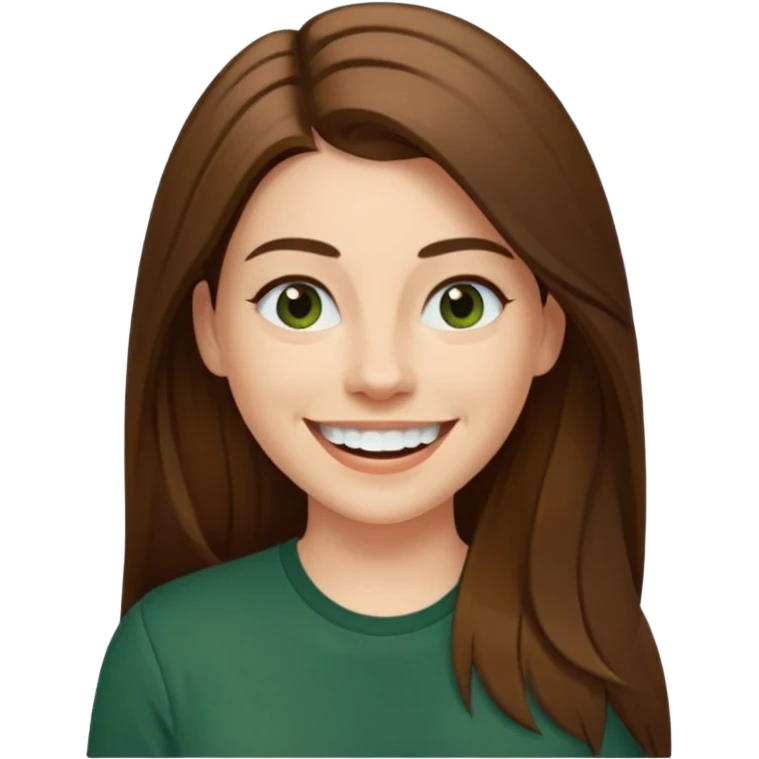 30 yr Caucasian woman long brown straight hair parted on side dark green shirt big smile white teeth emoji