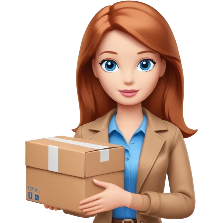 Barbie with blue eyes, shoulder-length reddish-brown hair and brown clothes holds a package box emoji