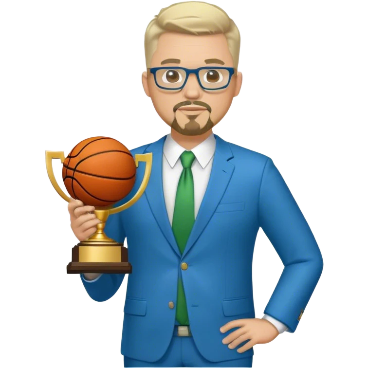 Full Body white male plus size wearing glasses with a goatee with light blonde and gray very short hair basketball head Coach in blue and green suit holding trophy emoji
