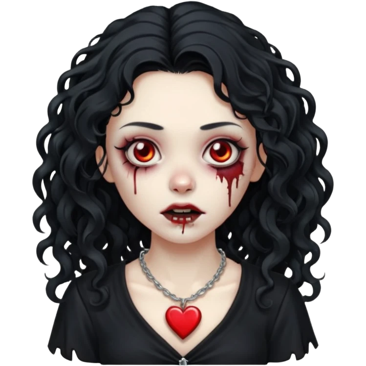 a zombie girl with a scar on her face, long curly hair, wearing a black blouse and a silver necklace with a heart pendant. emoji