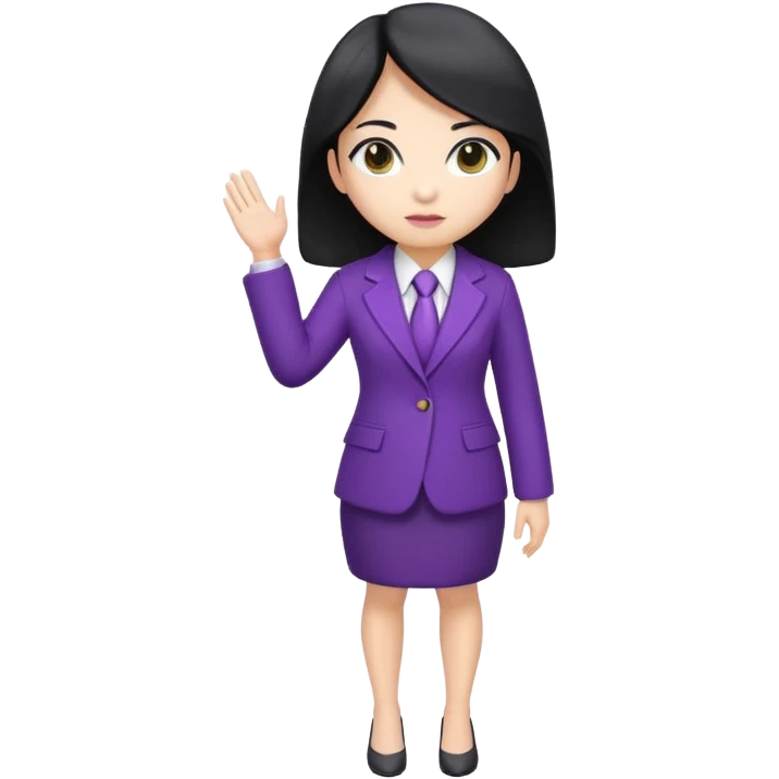 a full body mascot emoji of an Asian female with white skin, big eyes, middle-length black hair which is right at the shoulder, wearing purple business coat and formal suit. Cartoon style. Based on https://attic.sh/fo2aiwi8rc6a78g57vqif7y6z117 emoji