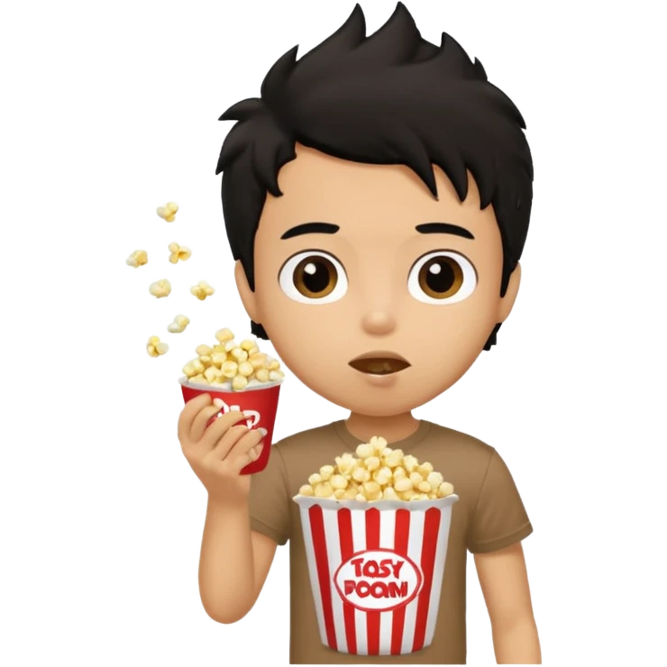 generate a pretty tan bratz boy with a brown tshirt on. eating popcorn. messy black hair emoji