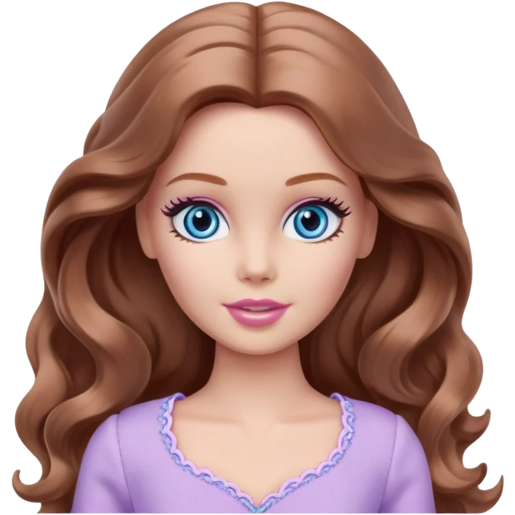 Barbie girl Chestnut long wavy hair and blue eyes is In pale purple clothes There are grey hearts above the head emoji