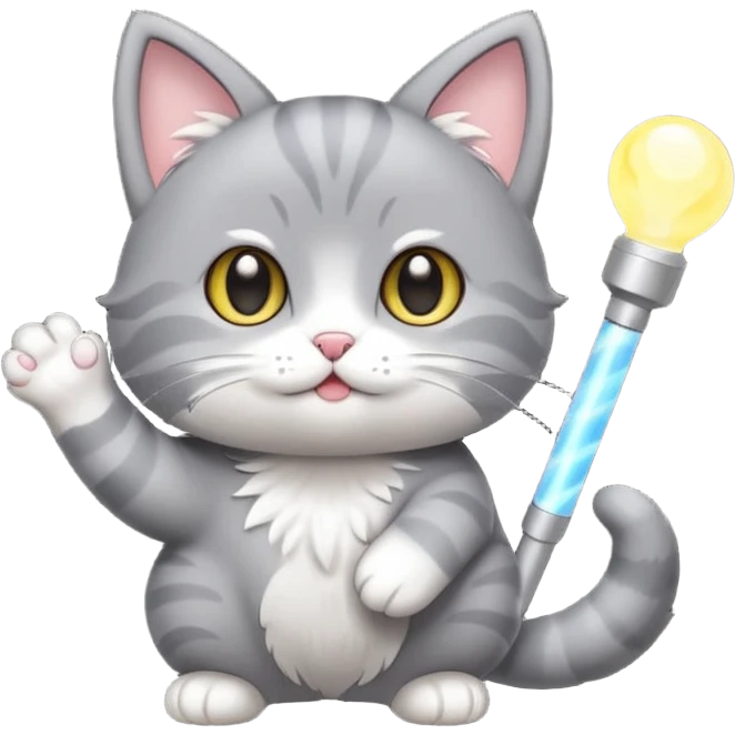 chibi cute gray cat holding a light stick happily emoji
