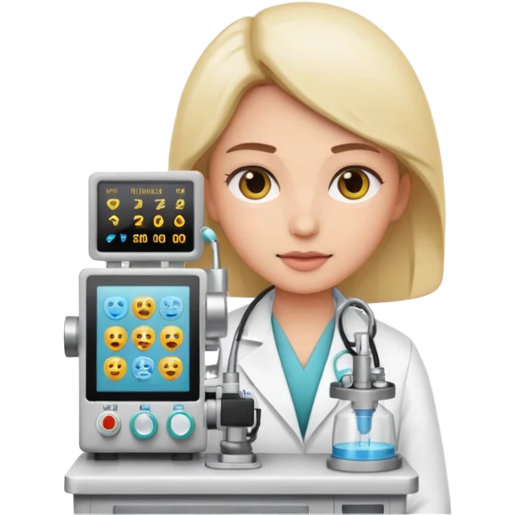medical professional operating anesthesia machine, white coat, emoji illustration, clean background emoji