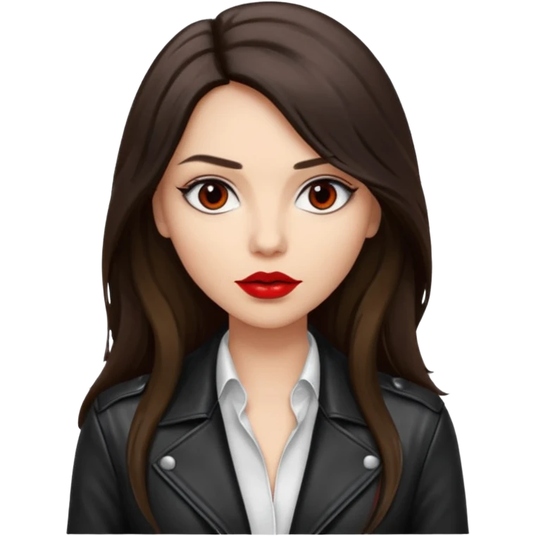 brunette with very long hair in black cuir jacket with red lips and very dark brown eyes and white shirt emoji