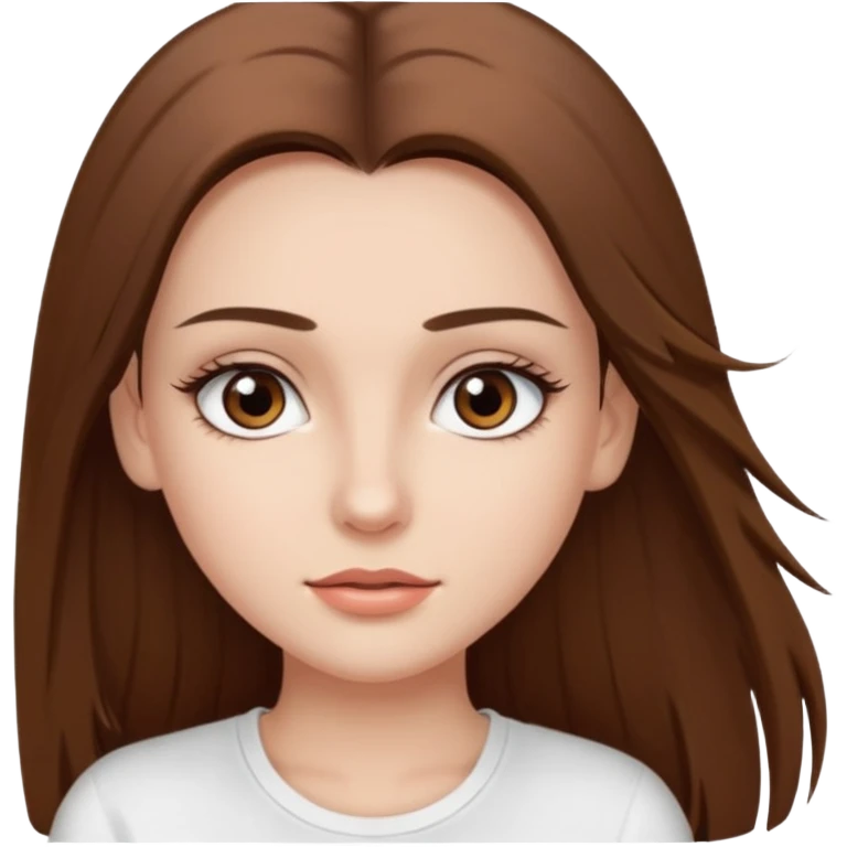 Chica de pelo liso ,largo y marrón con ojos color marrón  y una camiseta blanca y la piel blanca con pestañas y maquillada clean look emoji