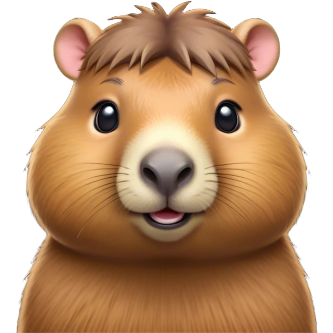 Cinematic Cute Capybara Portrait Emoji, Head tilted playfully and inquisitively, with a delightfully fluffy, rounded form accented by soft, inviting fur and round, sparkling eyes full of charm, Simplified yet irresistibly adorable features, highly detailed, glowing with a warm, friendly glow, high shine, affectionate and lively, stylized with a touch of whimsical cuteness, soft glowing outline, capturing the essence of a mischievous yet loving capybara that feels like it could tumble out of the screen into your arms! emoji