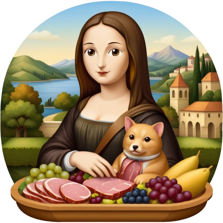  mona lisa with SPAM MEAT charcuterie and fruit tray renaissance landscape emoji