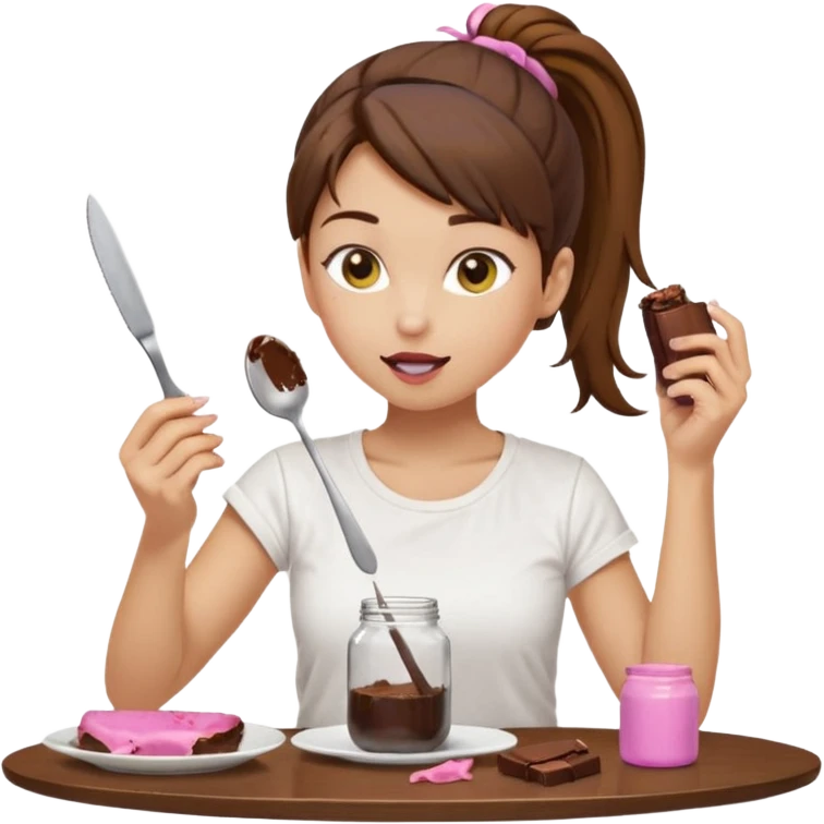 yellow-skinned woman with brown hair in a ponytail, wearing a white T-shirt. She’s sitting at a table, licking chocolate off a knife and holding a 'Banado' jar. On the table: a plate with crumbs, a fork, a glass of dark drink, and a pink lid. Simple brown background. emoji