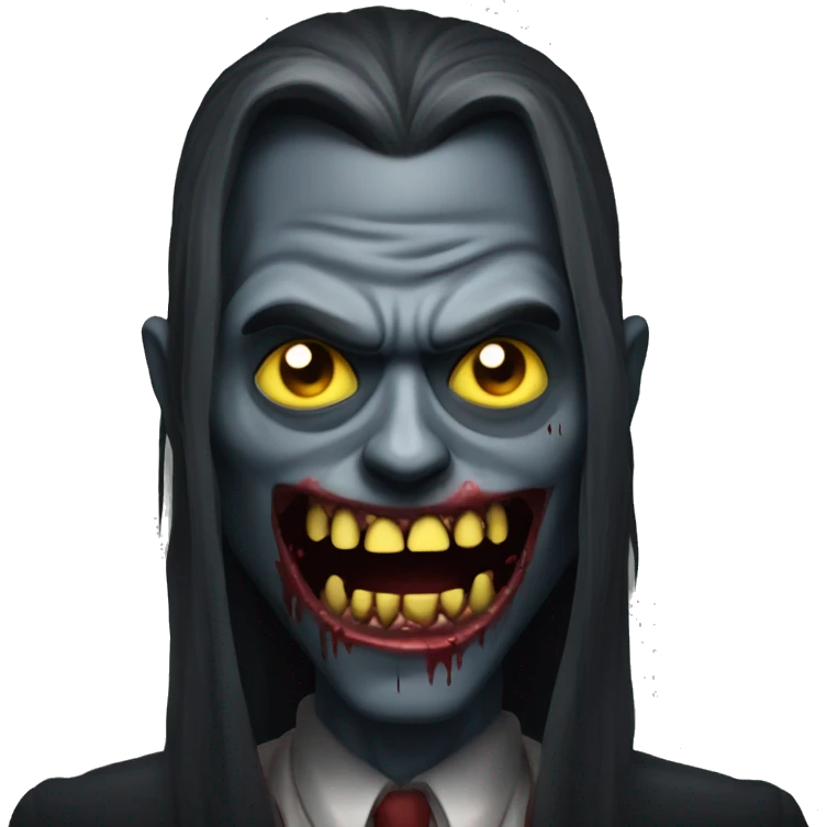 zombie vampire with a dark monochrome skin and a crazy face with yellow and sharp teeth and blood and long hair covering the face emoji