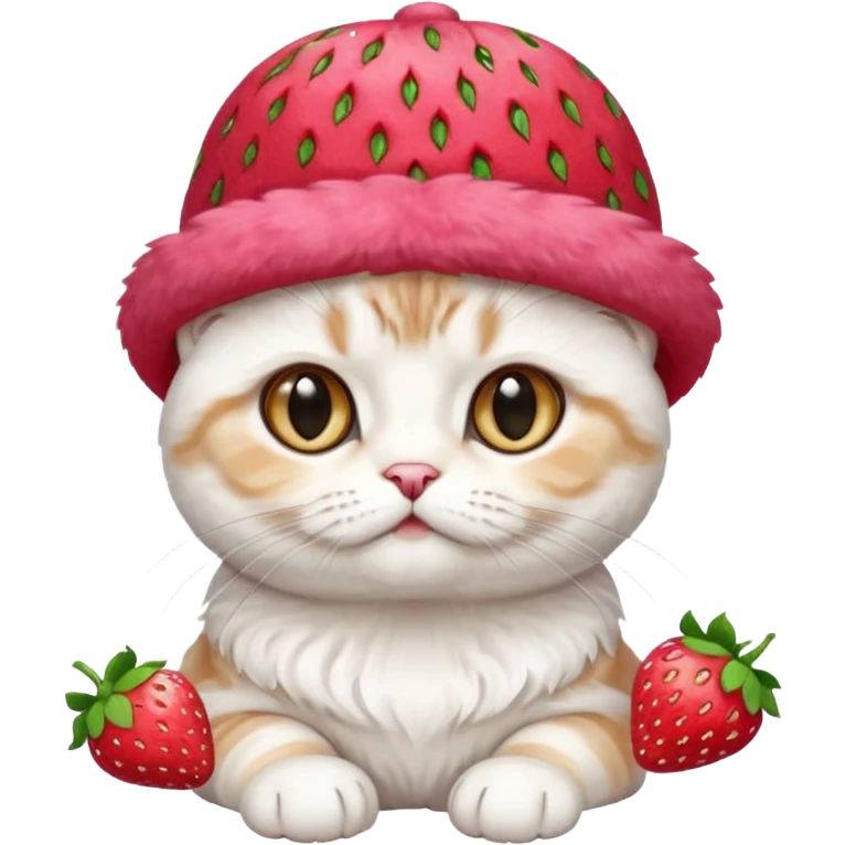 white Scottish fold cat with strawberry hat emoji